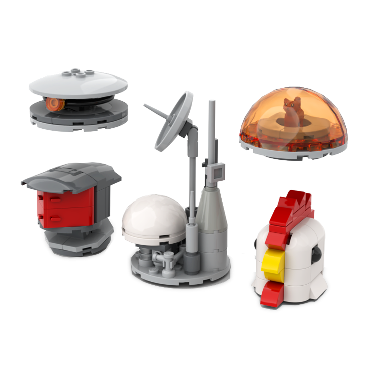 Five LEGO MOC robot heads from Head Pack Alpha: Clam, Skully, Sensor Array, Cat and BokBok
