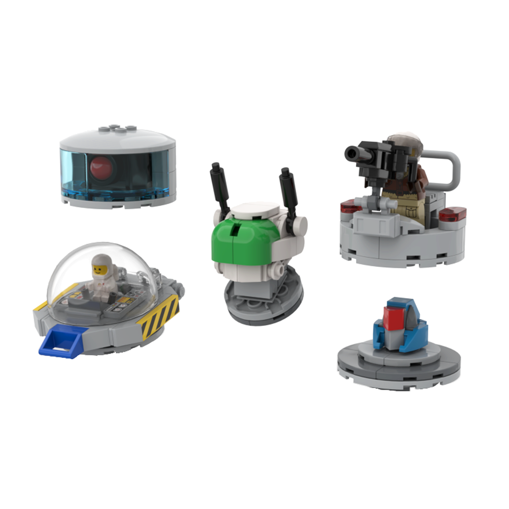 Five LEGO MOC robot heads from Head Pack Beta: Lighthouse, CS Baby, Wobot, Turret and Slightly Too Small