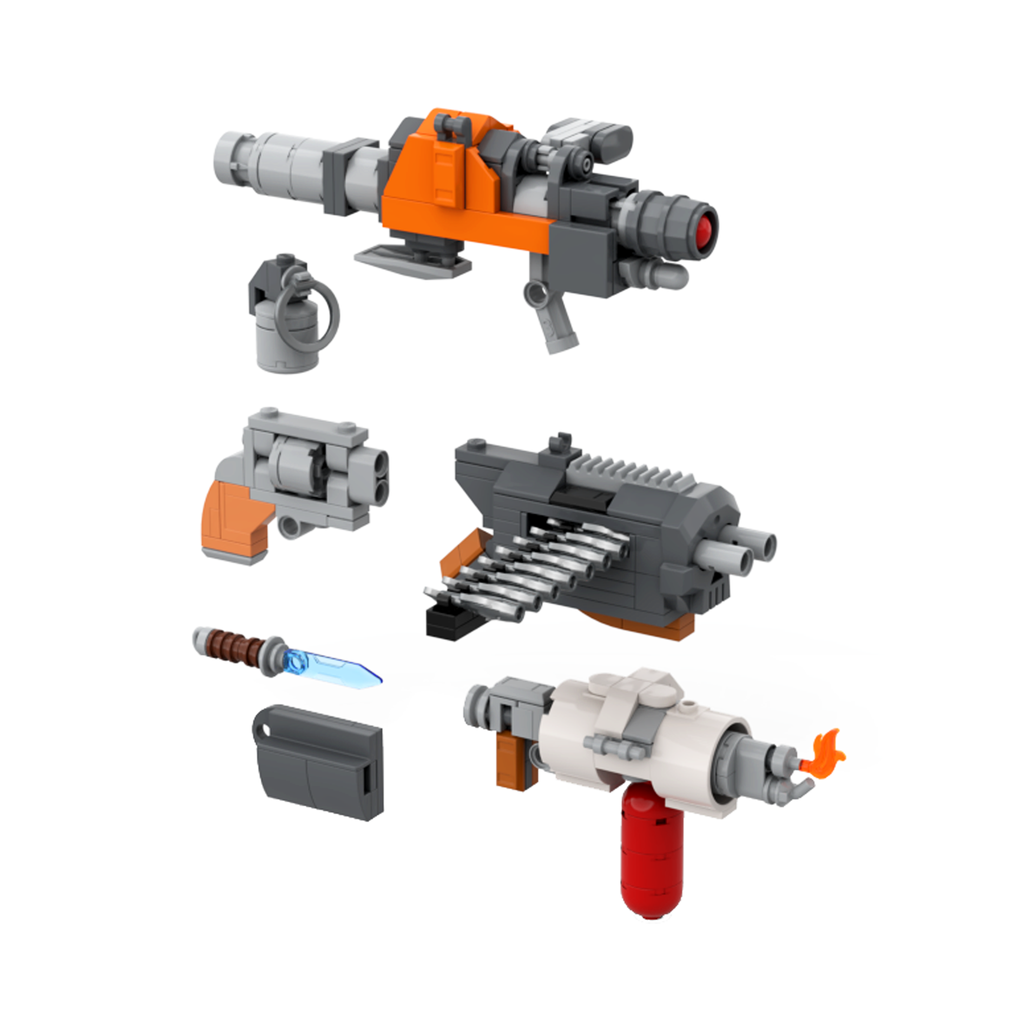 LEGO MOC weapons for the Headless Mech from Weapon Pack Alpha, including a bazooka and flamethrower