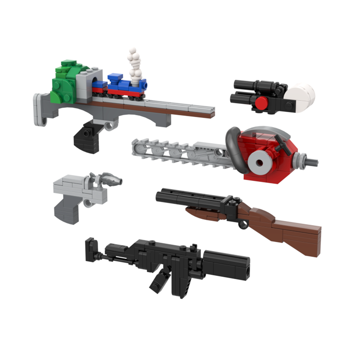 LEGO MOC weapons for the Headless Mech from Weapon Pack Beta, including a rail gun and arm cannon